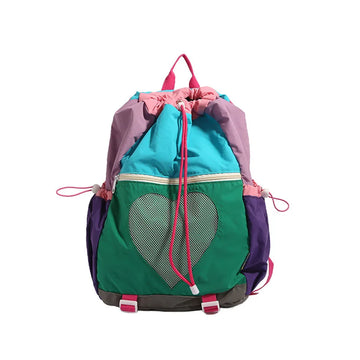 Qfdian Backpack for  Color-Block Bookbag Nylon Drawstring Daypack Adjustable Strap Rucksack for Travel School